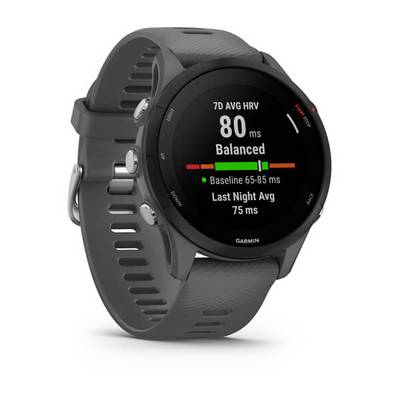 Black smartwatch with round display shows '80 ms Balanced' and heart rate variability data. Buttons on the left side of the casing.