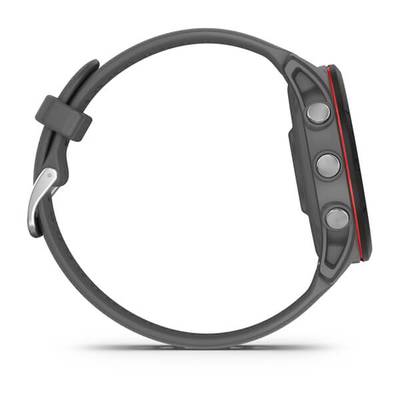 Black smartwatch with a round dial, three side buttons, and a black strap. Side view.