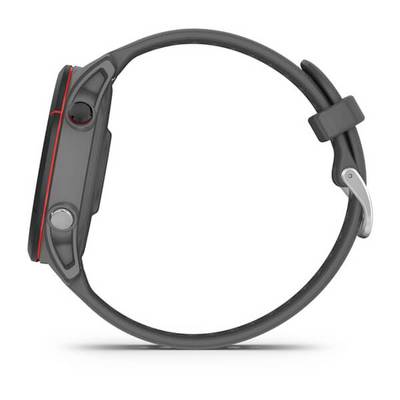 A black wristwatch with a red line, side view. It has a round dial and a minimalist design.