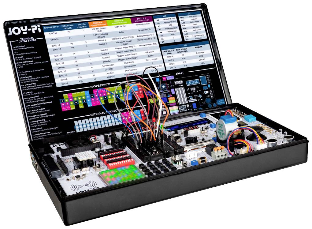 Electronics case with open compartments full of components such as circuit boards, LEDs, and wires. A screen displays detailed information.