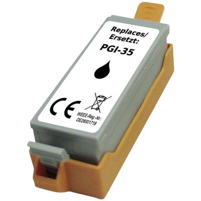 Printer cartridge with the inscription 'Replaces/Replaces: PGI-35', compatible with certain printer models. Grey container with orange clip.