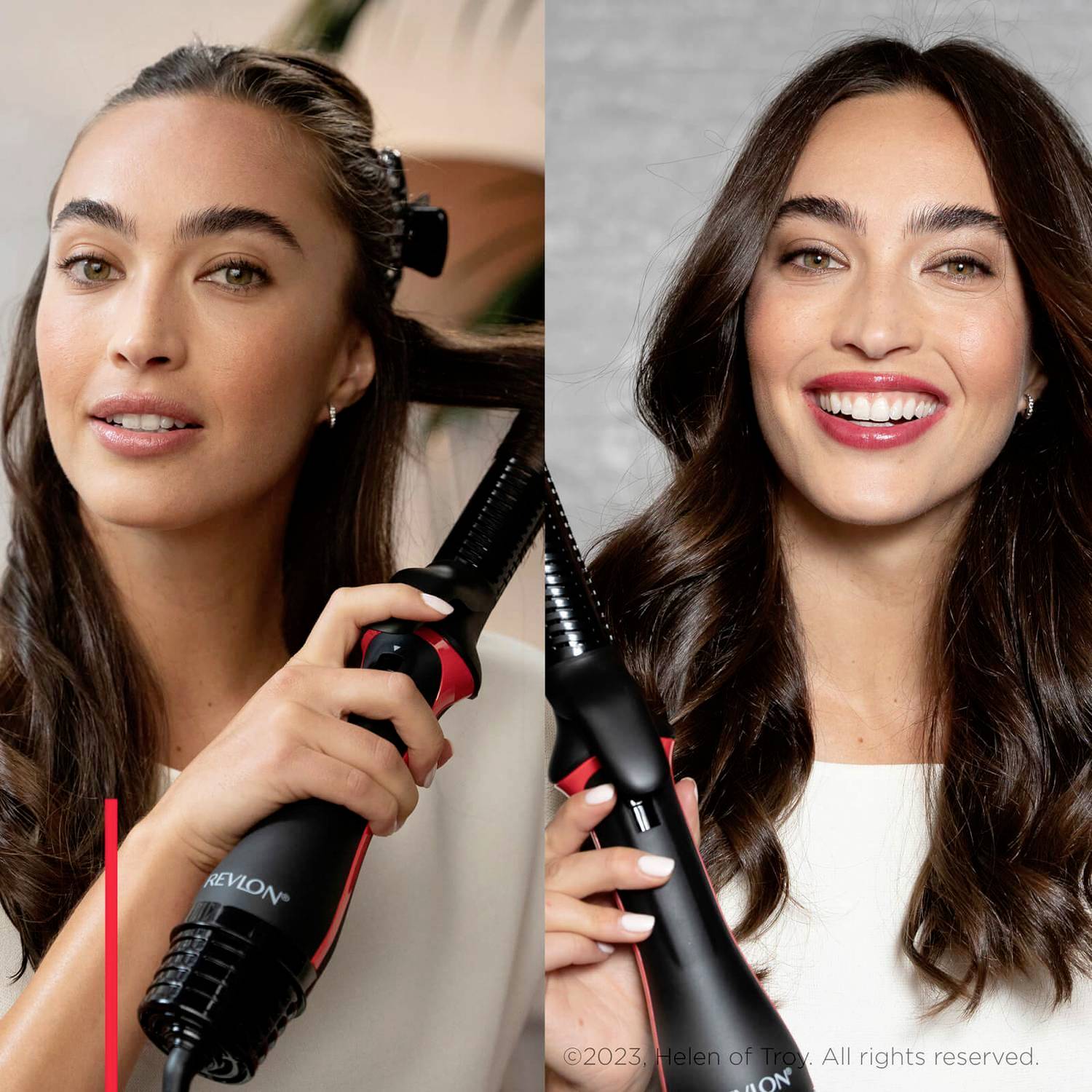 Two women with sleek, glossy hair and a styling device. One woman is holding a comb, the other a hair straightener.