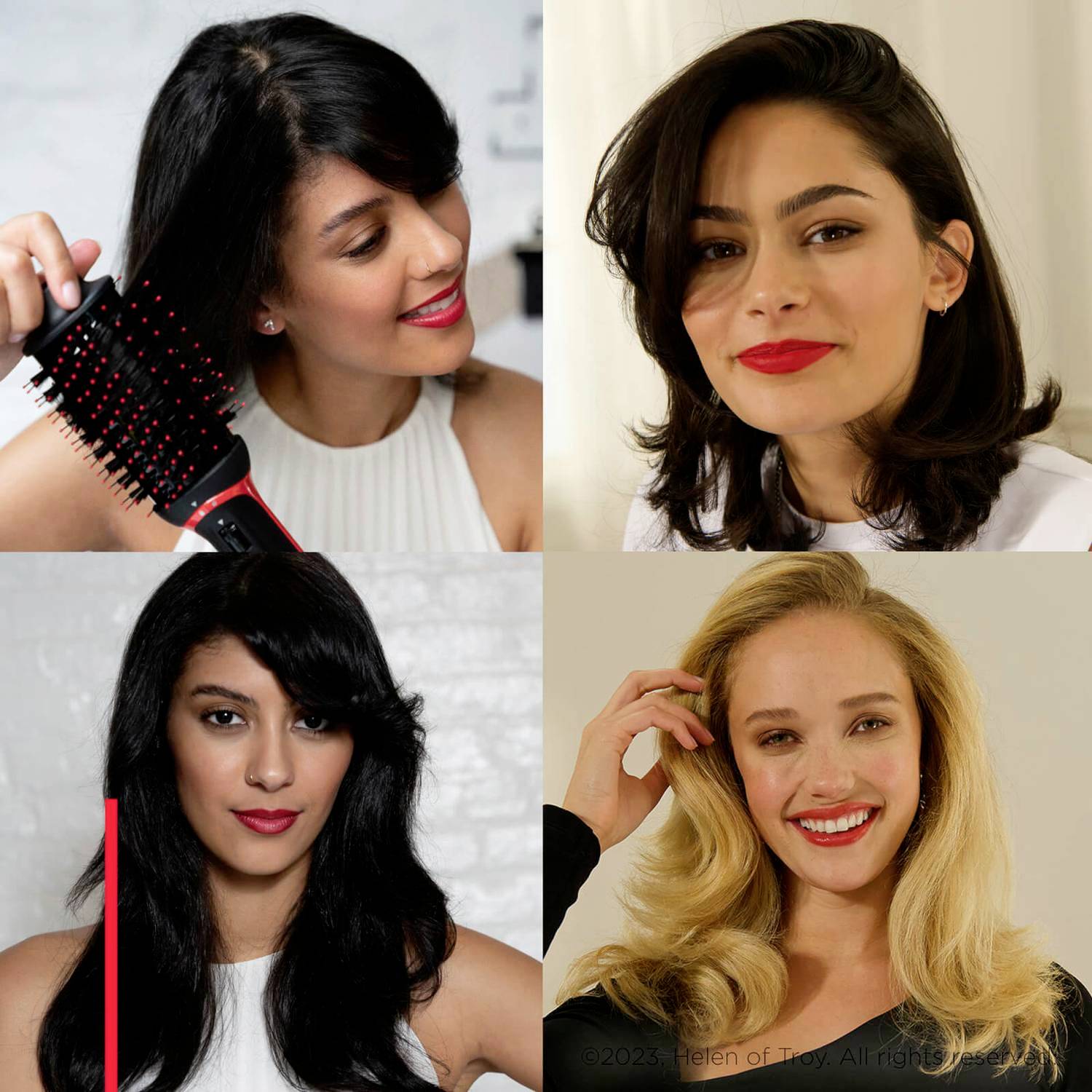 Four women with different hairstyles smile at the camera. Top left: Hairbrush. Top right: Straight hair. Bottom left: Black hair. Bottom right: Blonde curls.