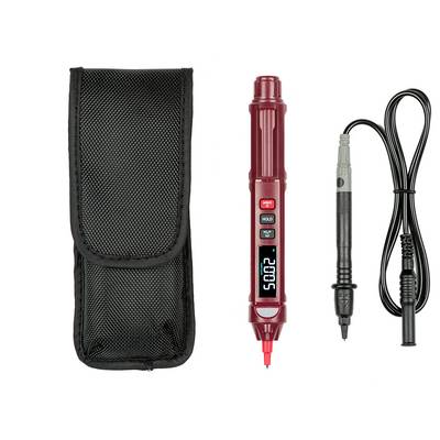 'Digital multimeter with carrying case and test leads, displaying reading of 20.5 volts.'