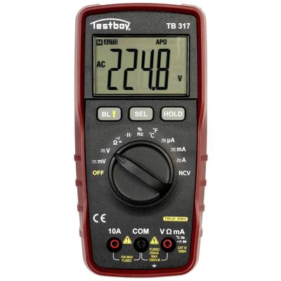 Digital multimeter Testboy TB 317 is showing a voltage of 224.8 V. Rotary switch and various measurement functions are visible.