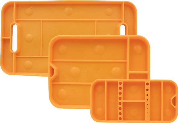 Three orange plastic tool trays in different sizes, with handles and compartments for storing tools.