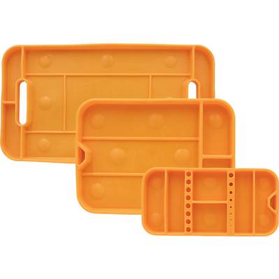 Three orange plastic tool trays in different sizes, with handles and compartments for storing tools.