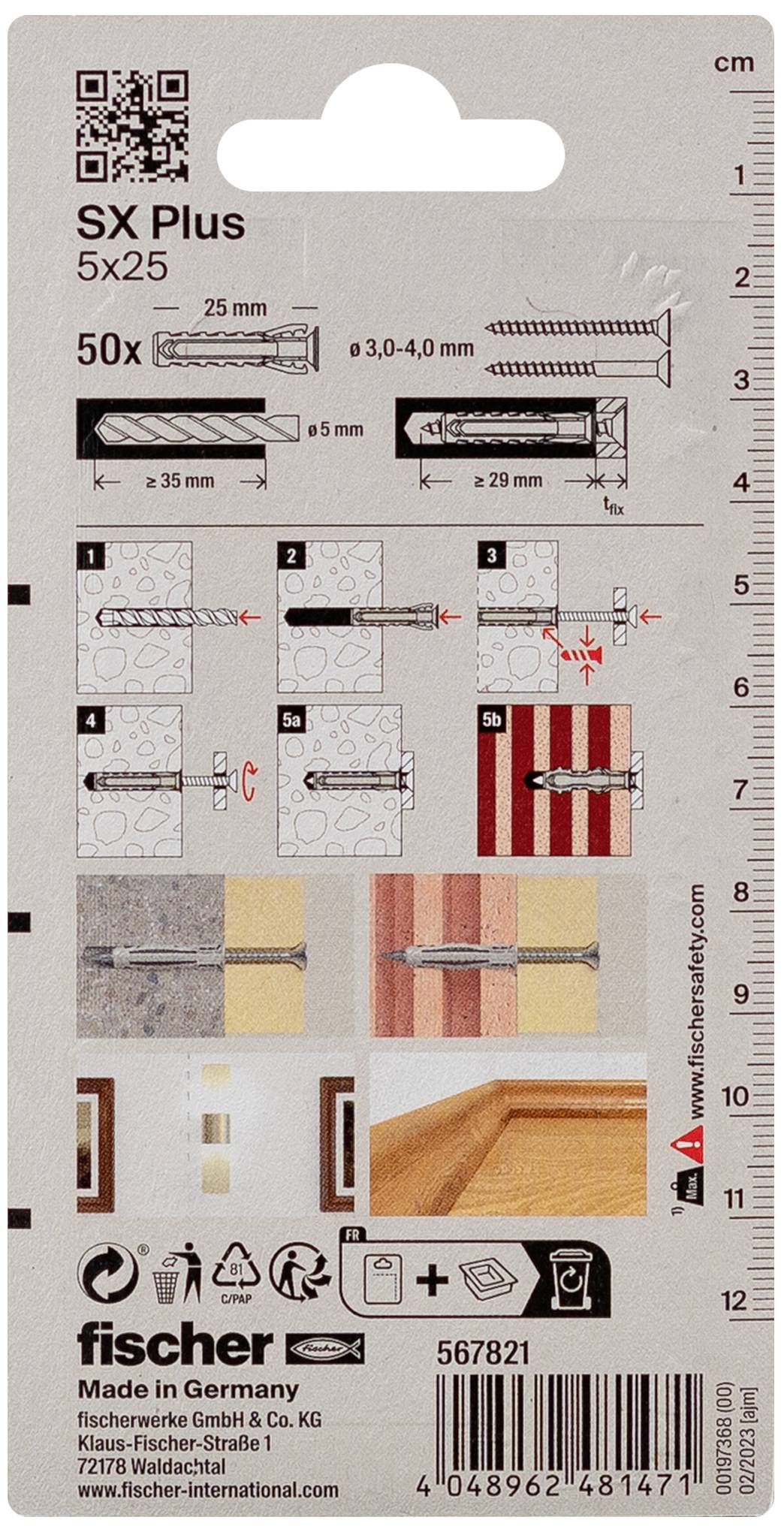 'Product packaging for SX Plus 5x25 Wall Plugs. Illustrations demonstrate installation instructions for walls. Manufactured in Germany.'