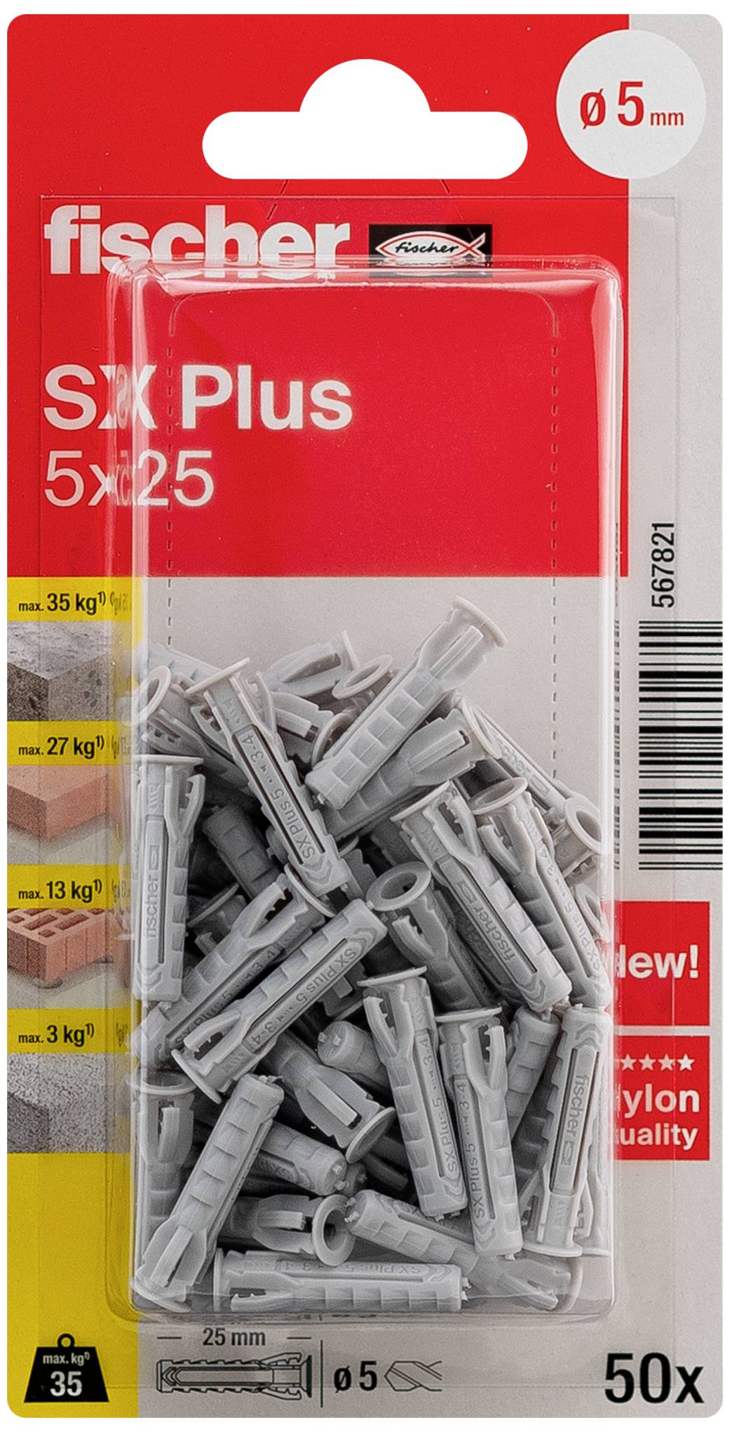 Packaging of Fischer SX Plus Plug, Size 5x25 mm, Pack of 50. Suitable for loads up to 35 kg in concrete. Product image.