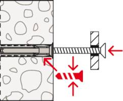 Cross-section of a masonry wall with a wall plug and screw. An arrow indicates the force direction on the screw to illustrate the anchoring principle.