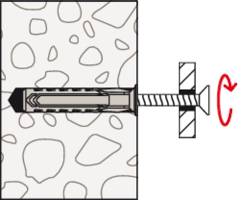 Screw is rotated clockwise into a wall plug holder in a wall. The wall structure shows patterned stone elements.