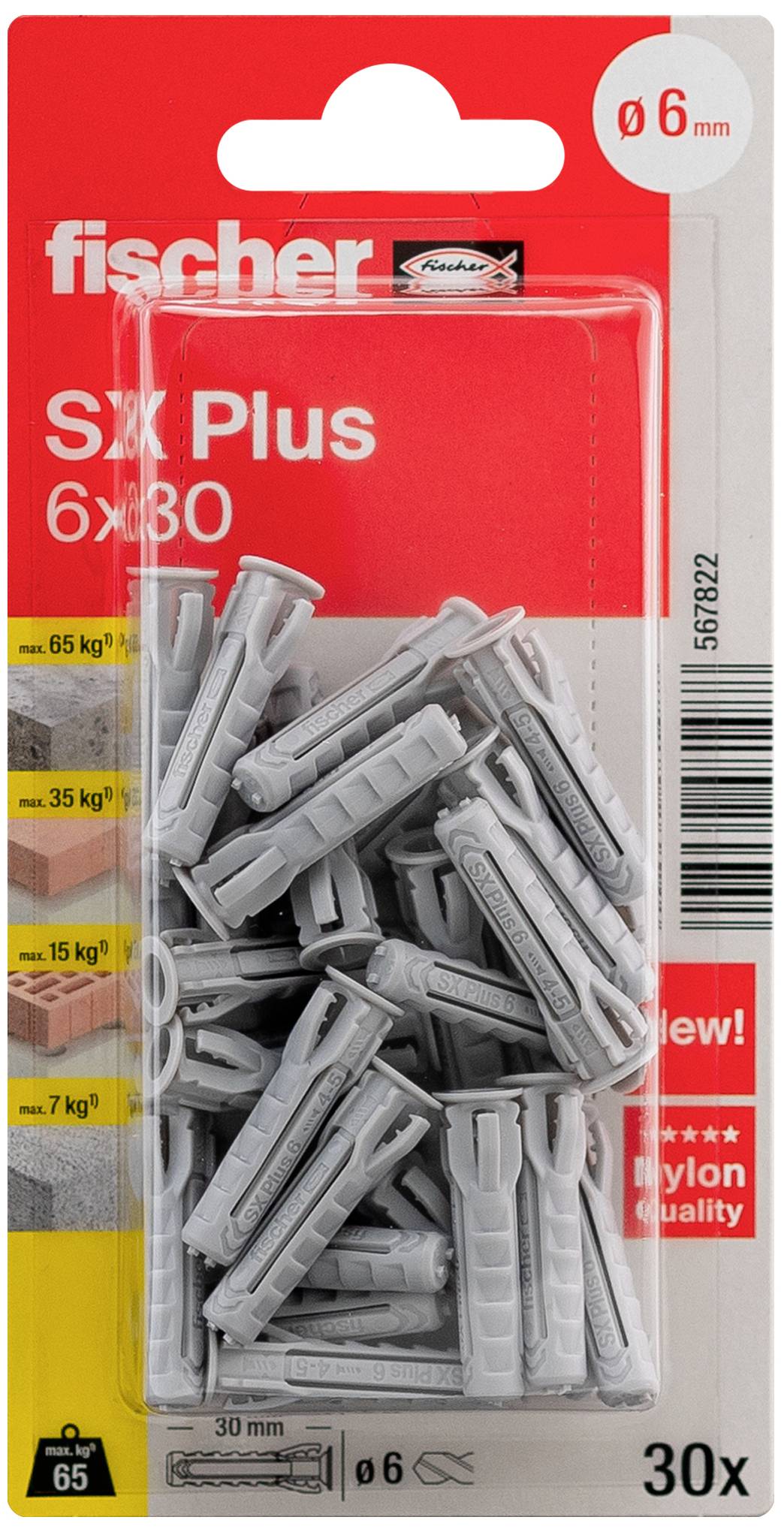 Grey wall plugs in a plastic container, 'fischer SX Plus 6x30' brand, suitable for various materials with specific load values.