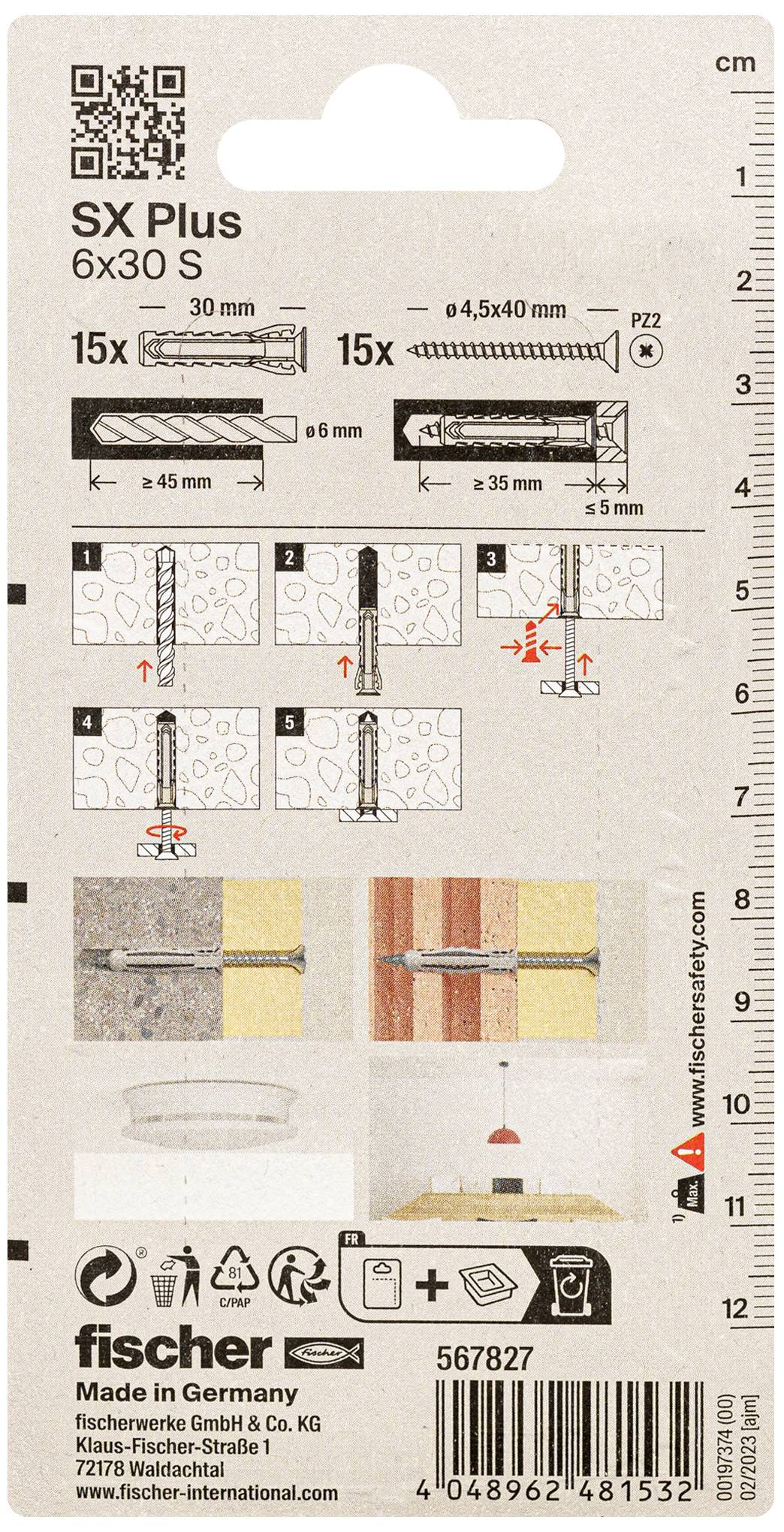 'Rawlplug Installation Guide for SX Plus 6x30. Steps for Wall Mounting. Illustration of Drilling, Plugging, Screwing and Maximum Load Capacity.'