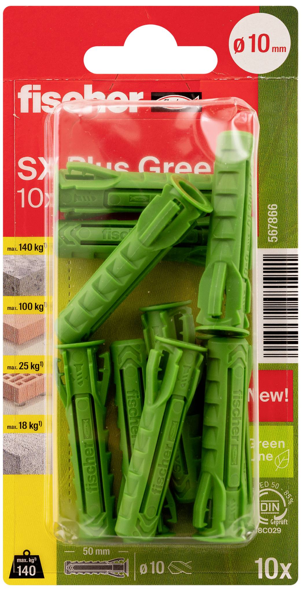 A pack of 10 green Fischer wall plugs, suitable for 10 mm drill holes. Load-bearing capacity: 140 kg in concrete, 80 kg in brick.