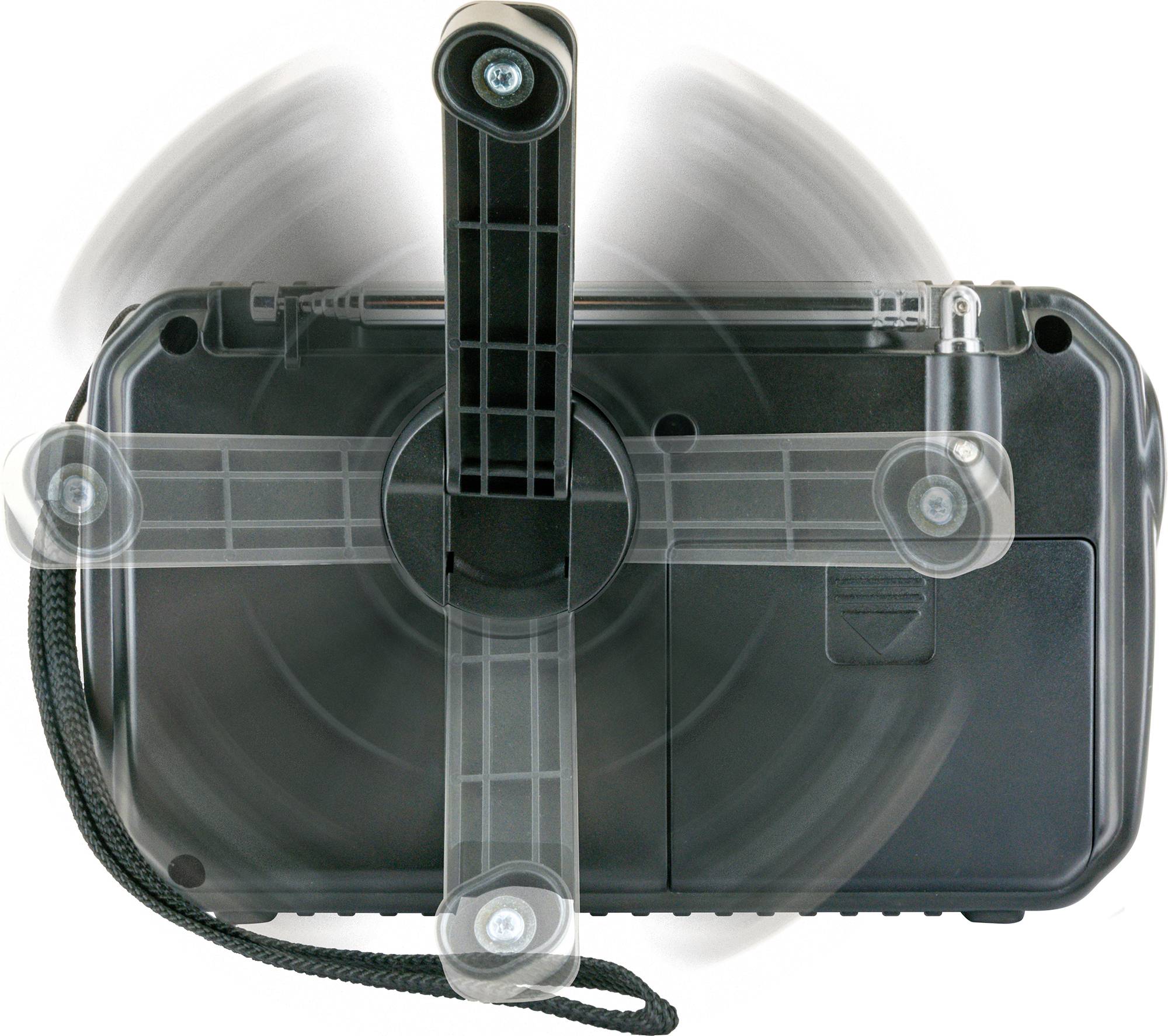 A black torch is shown from above, with the manual crank for charging in motion.