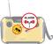 Yellow portable radio with FM/AM settings. A red symbol with 'ALARM' in the middle indicates a warning signal.