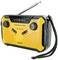 Portable yellow AM/FM/Dynamo radio with two rotary knobs, extendable antenna, and carry strap.