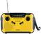 Portable yellow radio with AM/FM frequencies, volume and tuning dials. Features dynamo charging function and built-in antenna.