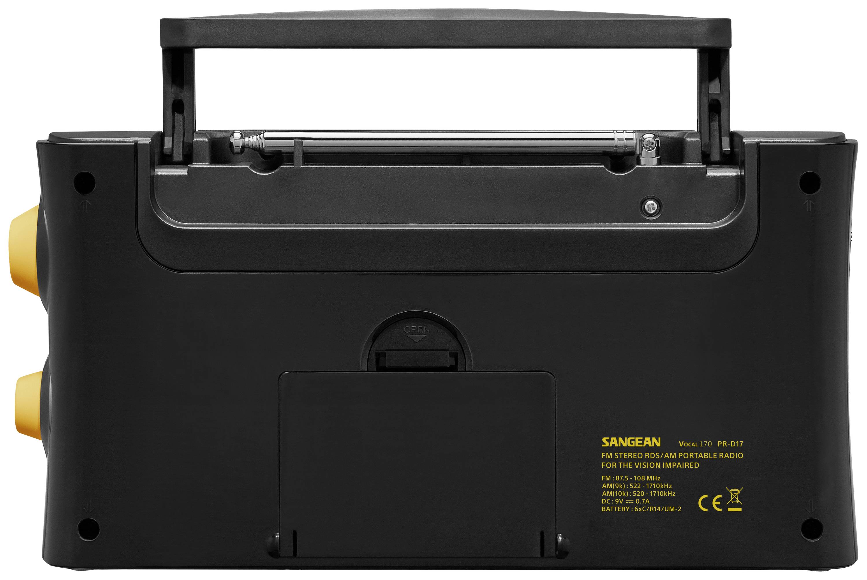 The image shows the back of a portable radio with an extendable antenna and yellow control buttons on the left side.