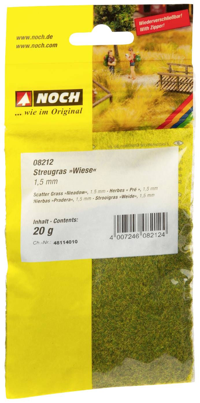 A yellow package with scatter grass 'Meadow' of 1.5 mm. Pack contains 20g. Brand: Noch.