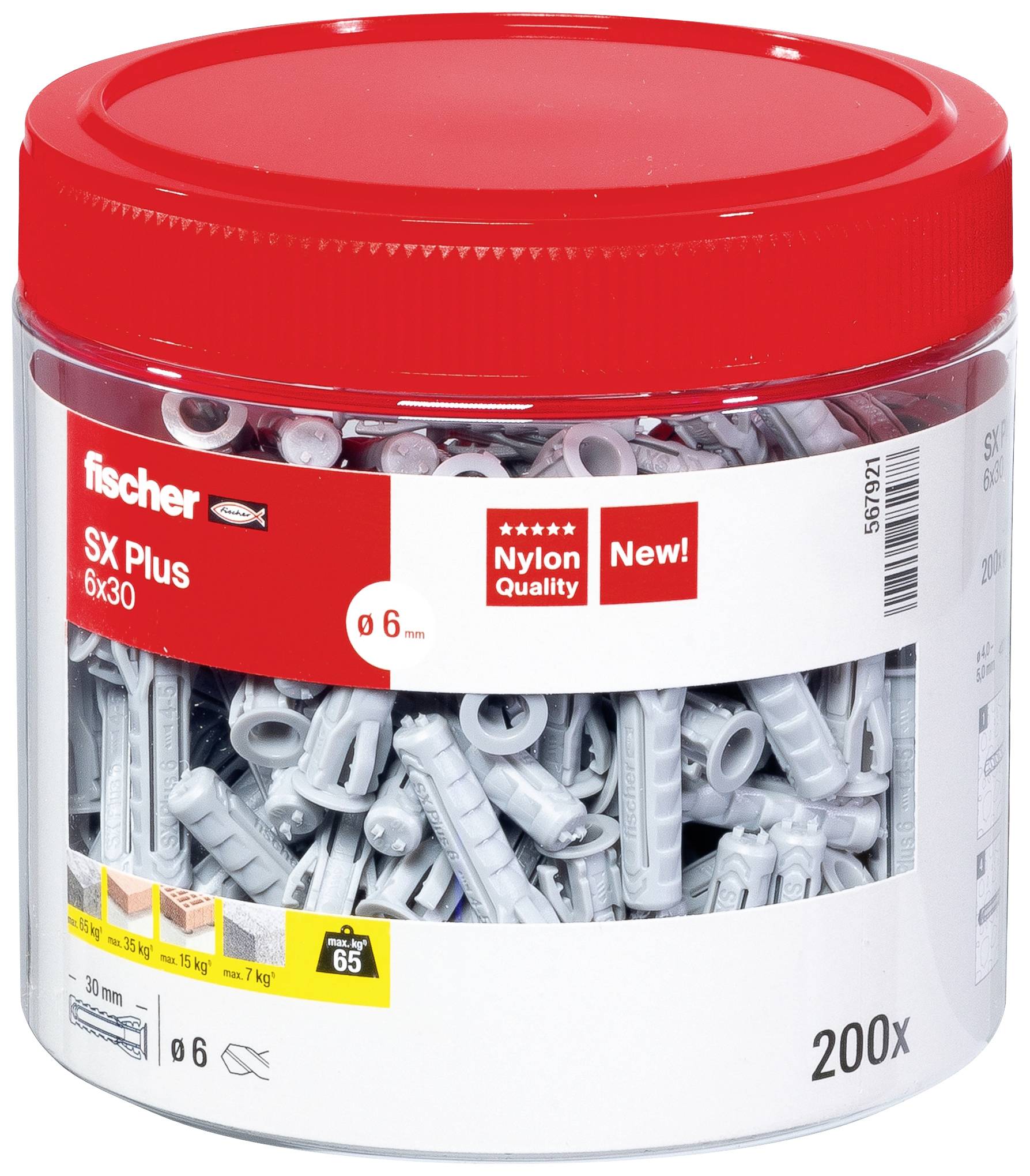 A red plastic container with grey Fischer expansion wall plugs, 'fischer SX Plus 6x30' brand, 200 pieces, for secure fixings in building components.