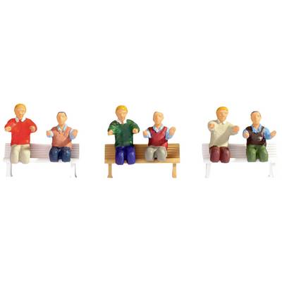 Four colourful, small figures sit on three benches. They are wearing different, vibrant clothing and are looking straight ahead.