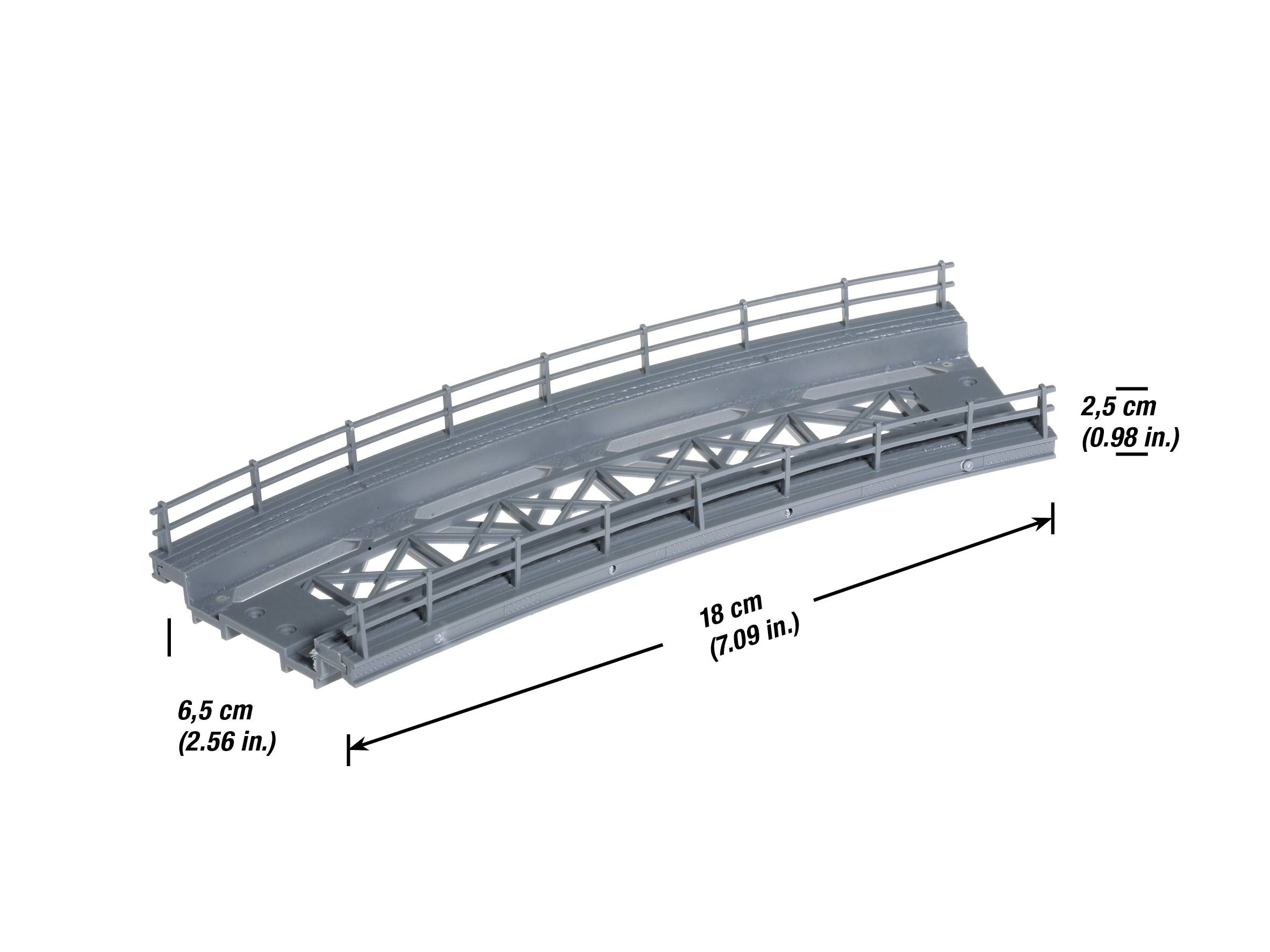 Grey plastic bridge with handrail, 18 cm long, 6.5 cm high and 2.5 cm wide.