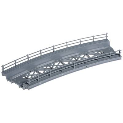 Grey model bridge with railings and lattice design, slightly curved, on a white background. Suitable for model making or diorama.