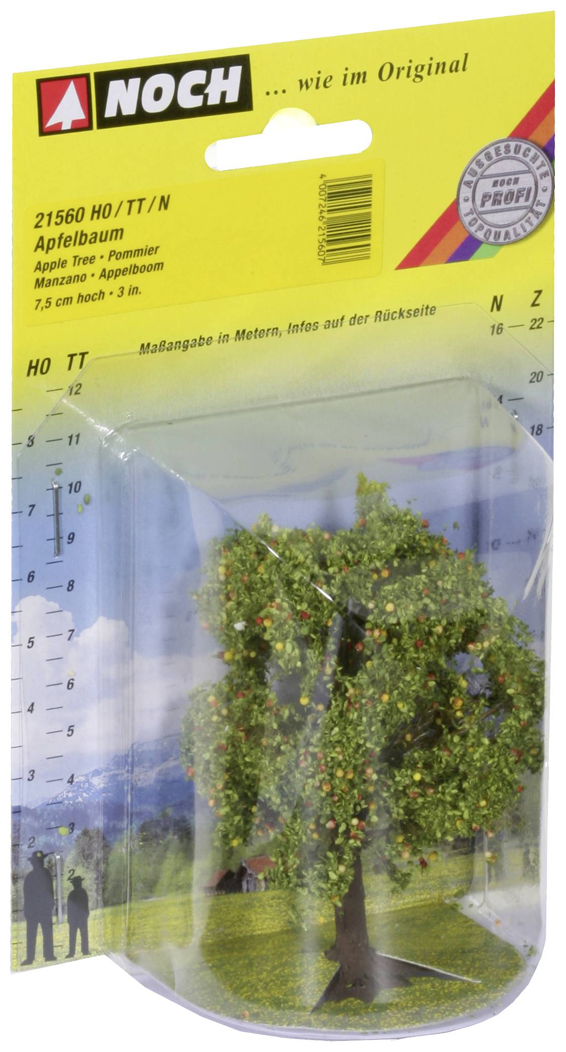 Packaging for a model tree brand, in H0/TT/N scale. The apple tree is 7.5 cm tall and is used for model landscape design.