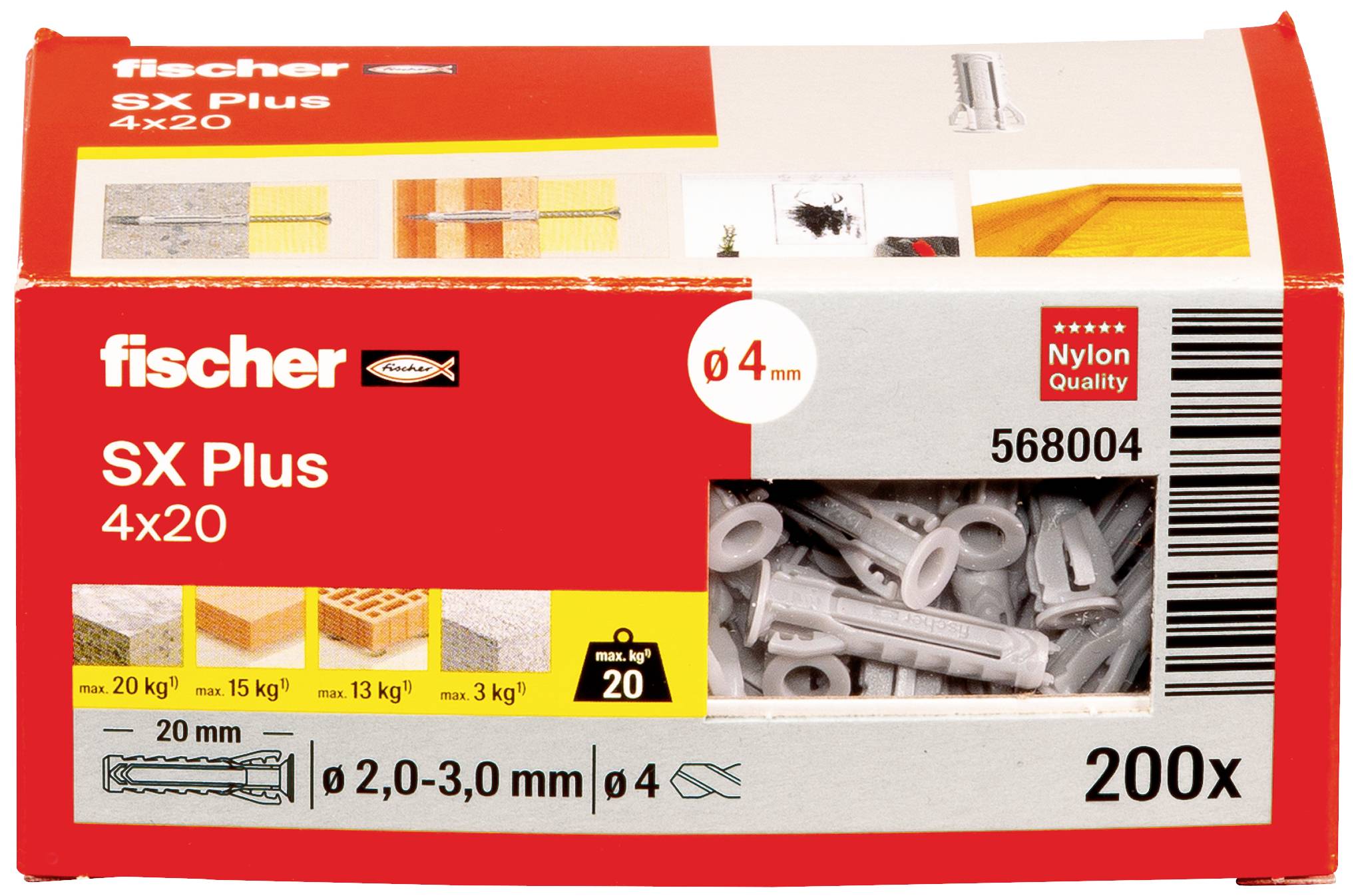 Packaging for fischer SX Plus wall plug, size 4x20. The box indicates capacity up to 20 kg on various materials. Contains 200 pieces.