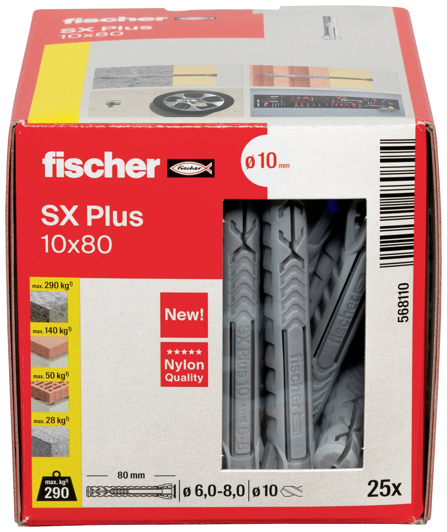 Packaging for Fischer SX Plus 10x80 Wall Plugs, Pack of 25. Displays load-bearing capacity data and high-quality nylon material.