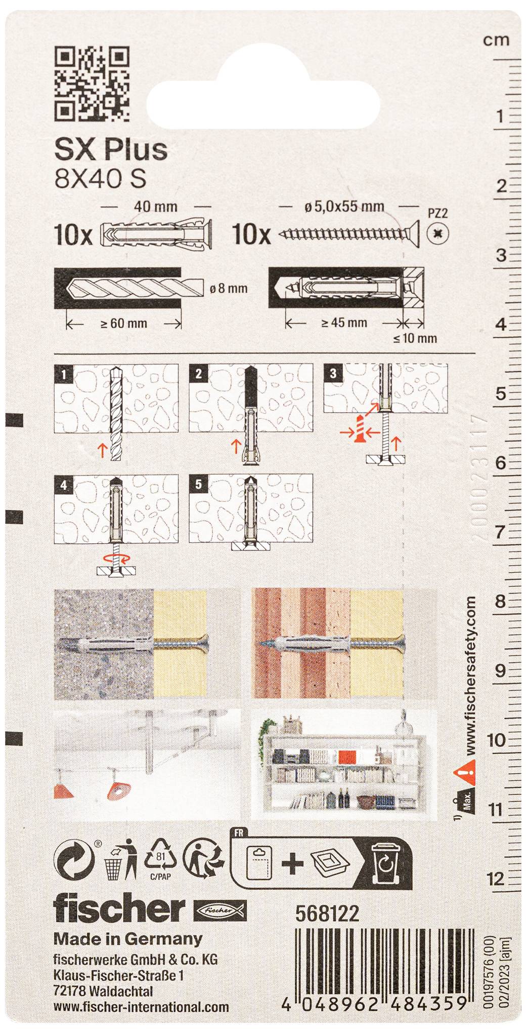 'Fischer SX Plus 8x40 S' wall plug packaging with installation instructions, QR code in top left corner, dimensions and applications shown at the bottom.