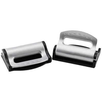 Two silver letter openers with black handles lie side by side. They have a curved shape and are used for opening envelopes.