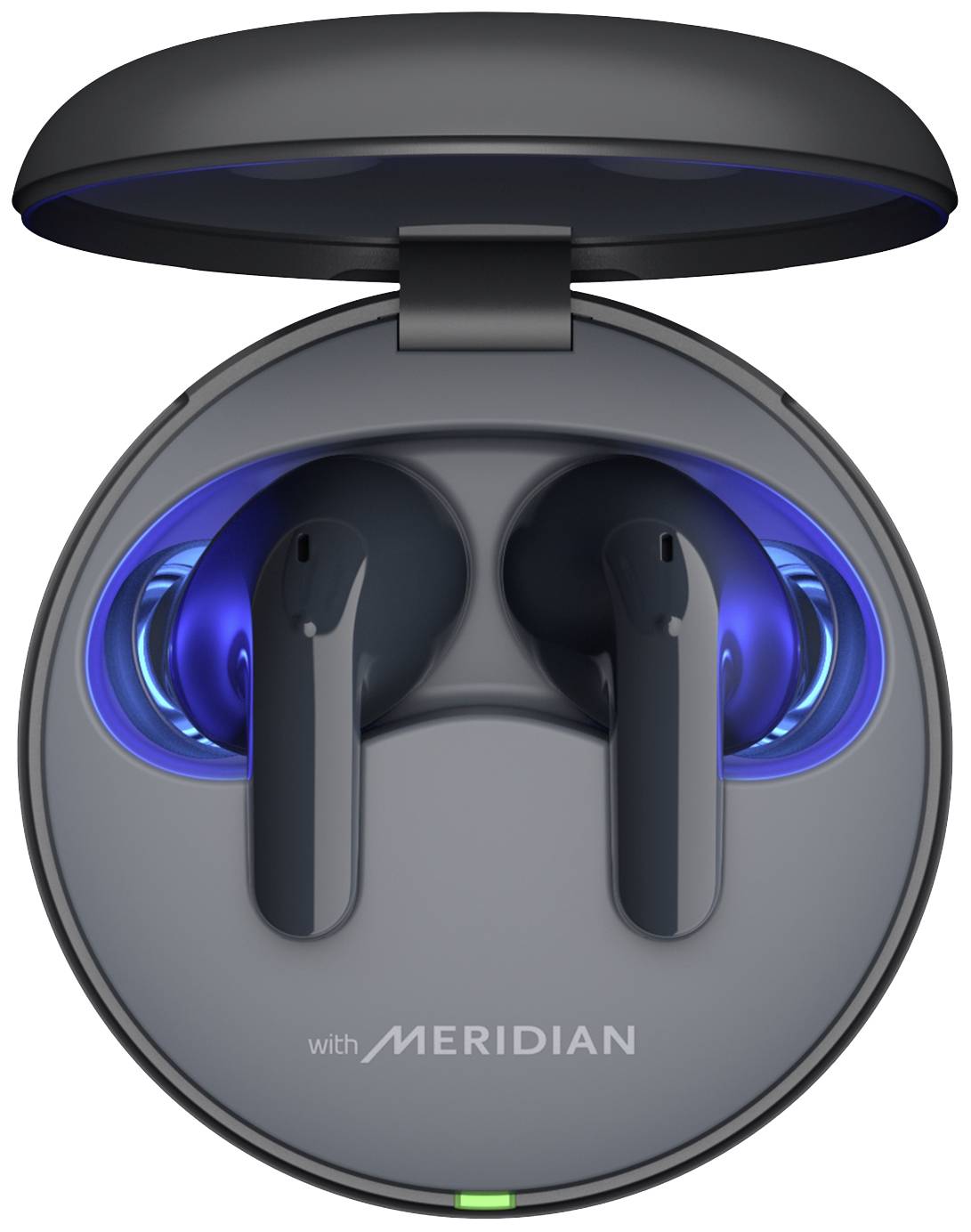 Wireless in-ear headphones in an open charging case, labelled 'with MERIDIAN', with blue-illuminated earbuds.