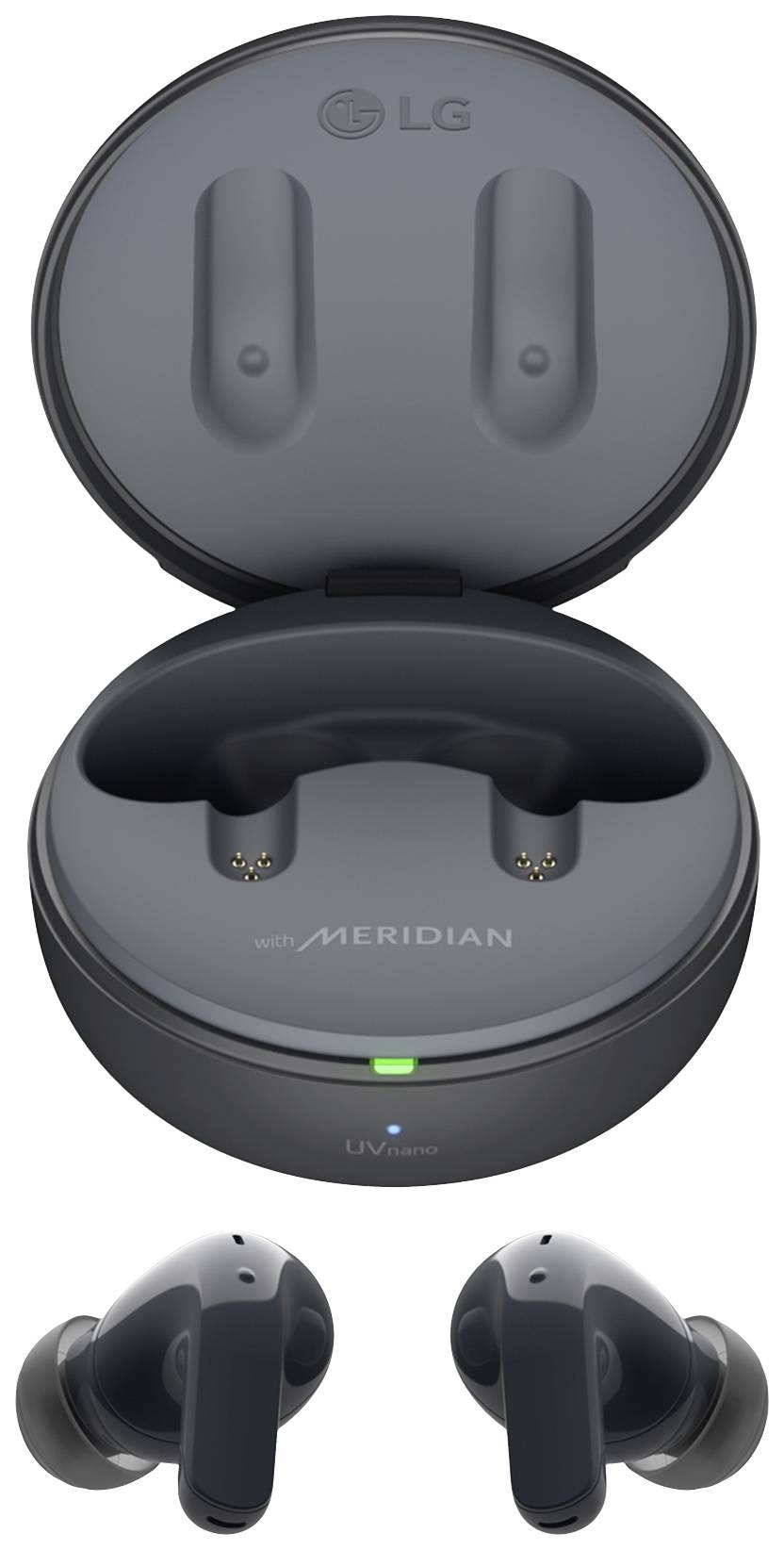 Wireless black in-ear headphones by LG in an open charging case with 'Meridian' technology and UVnano cleaning.
