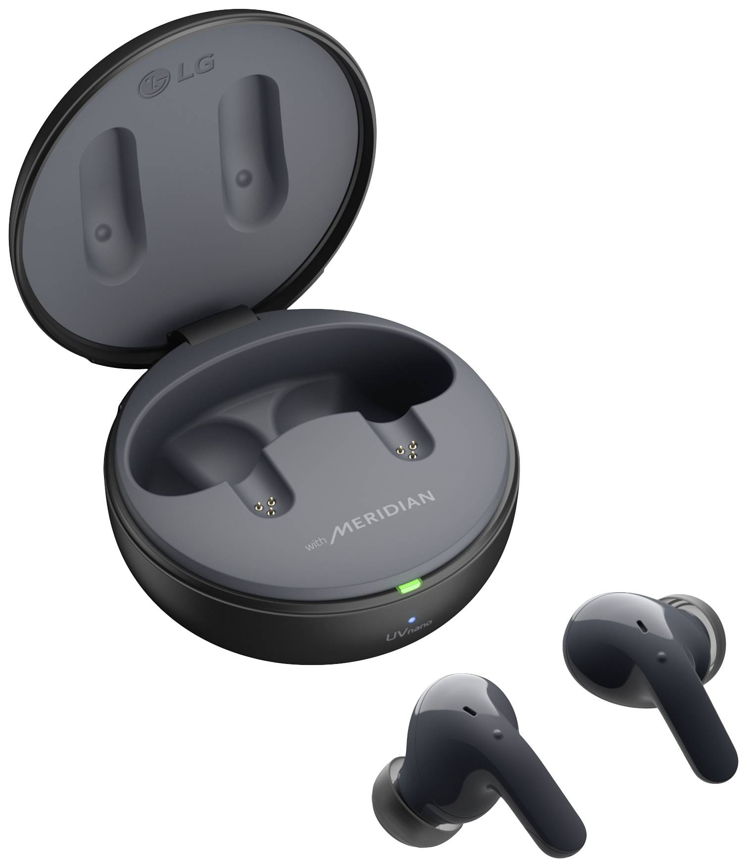 Wireless black earbuds with an open charging case. Brand name visible. Suitable for music and phone calls.