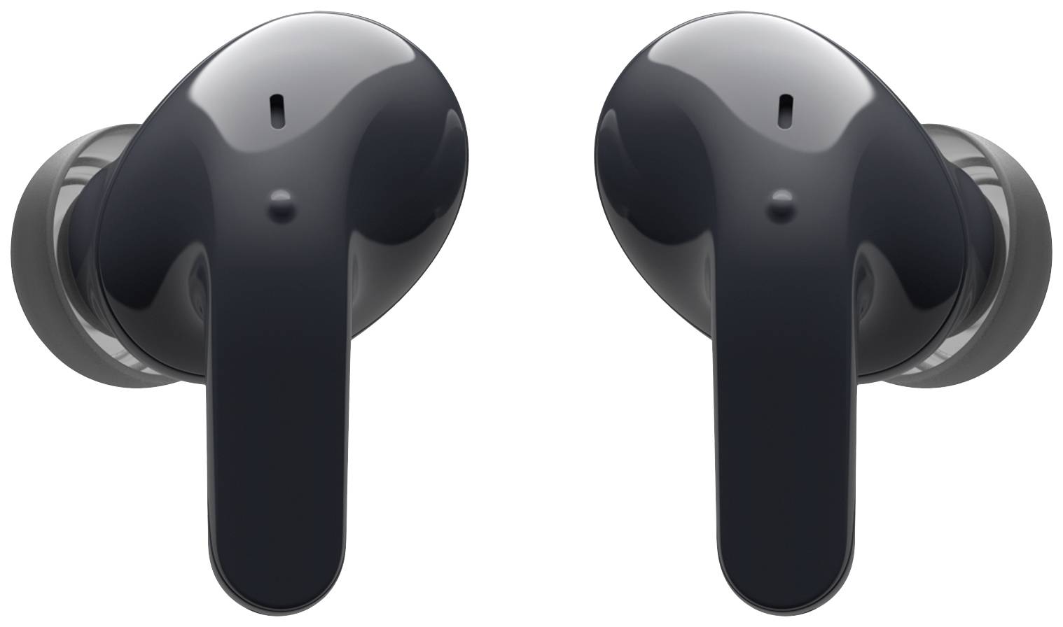Black wireless in-ear headphones with a glossy surface, pictured from the side, showcase cable-free design features.