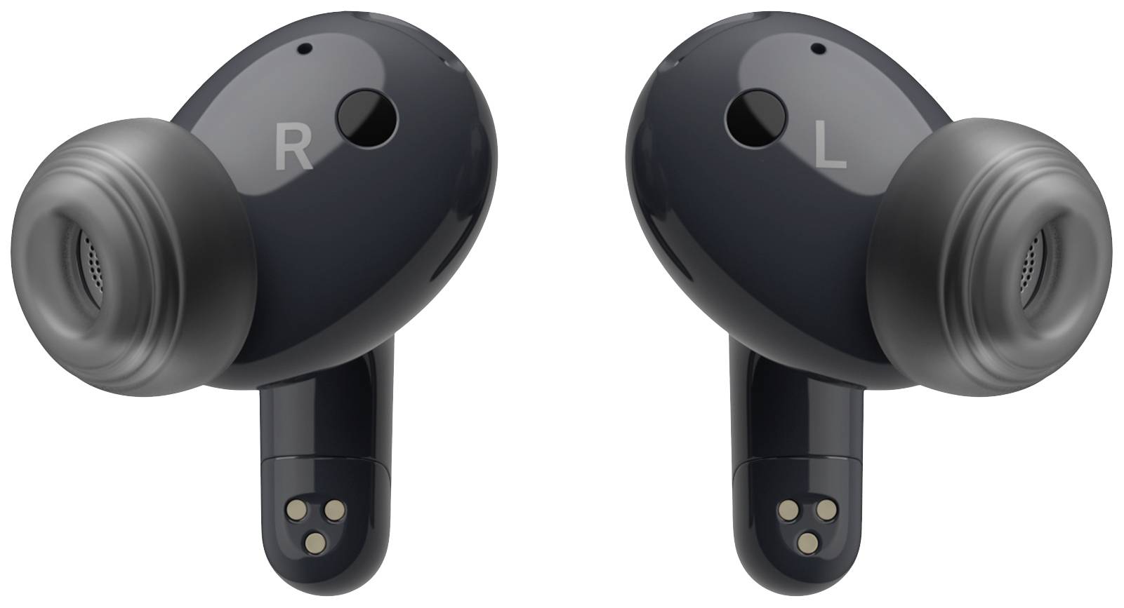 Two wireless earbuds in black with left and right markings.