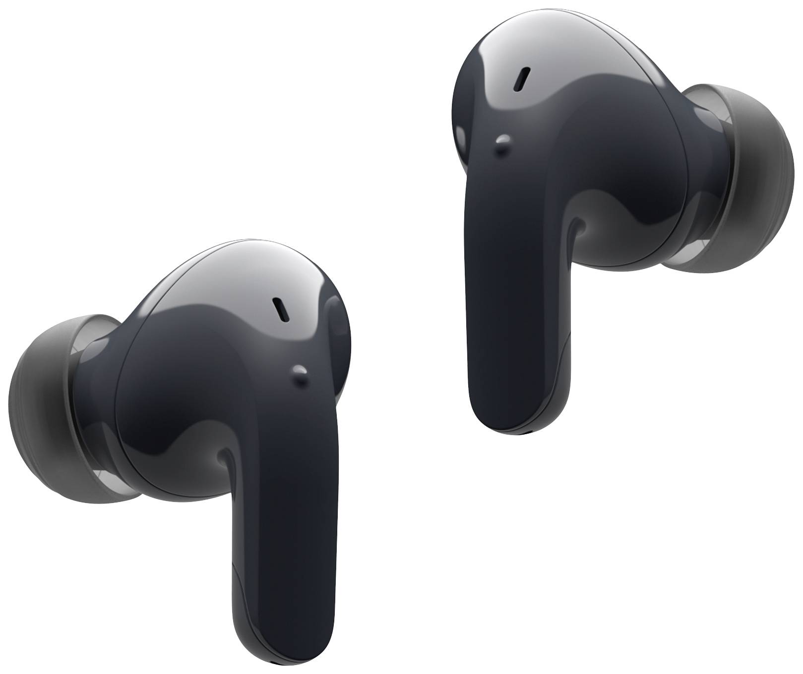 Black wireless earbuds with a glossy surface, ergonomically shaped for a comfortable fit. Suitable for music and phone calls.