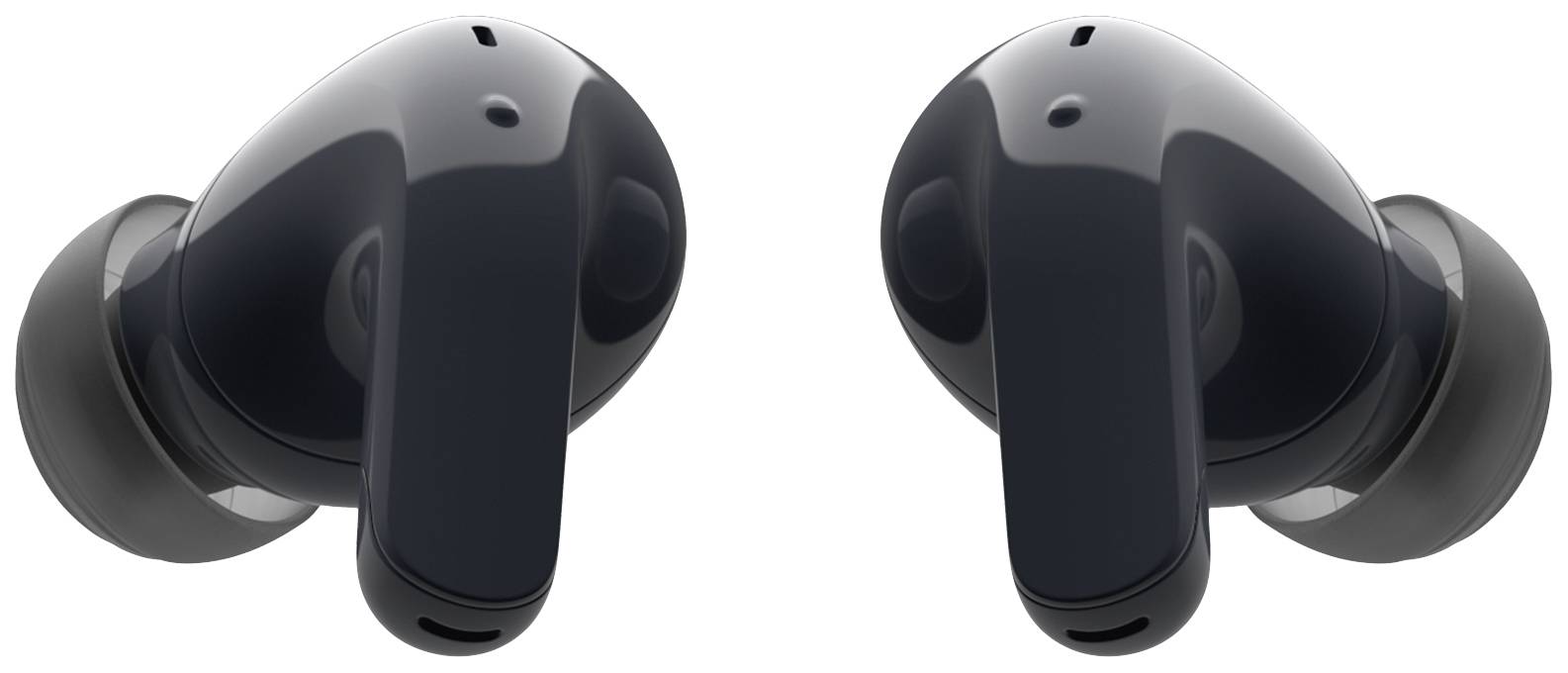Black wireless earbuds with a glossy finish, positioned at an angle to each other.