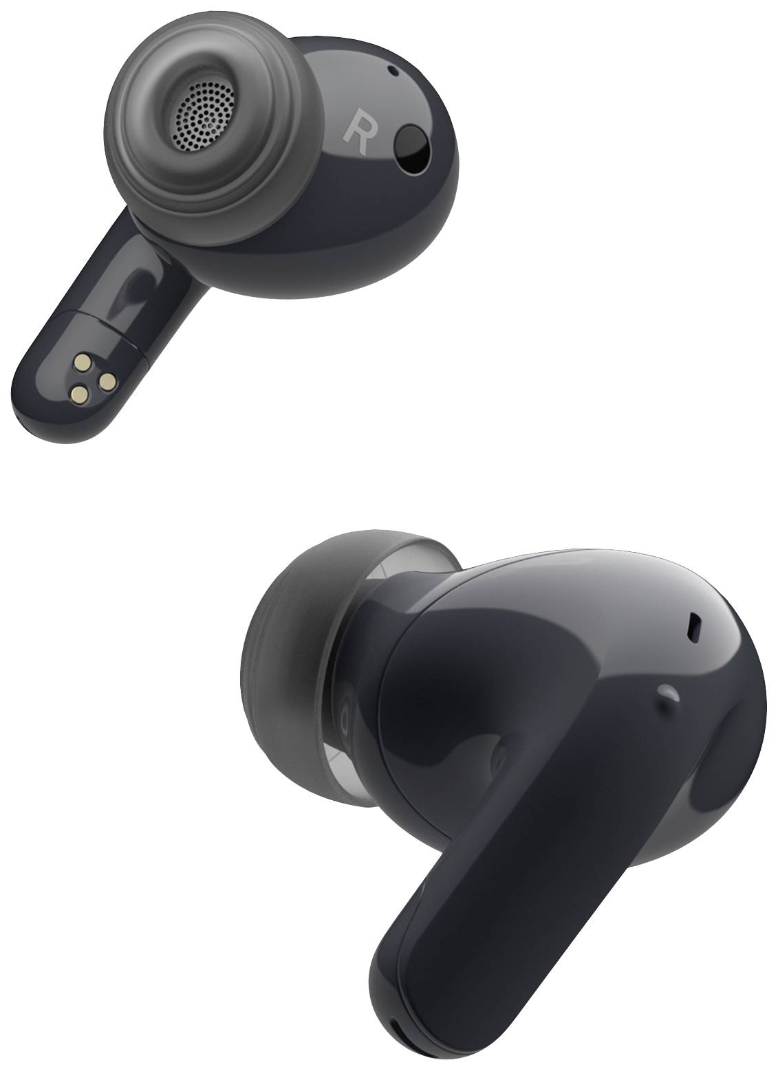 Black wireless earbuds in close-up, one viewed from above, one from the side.
