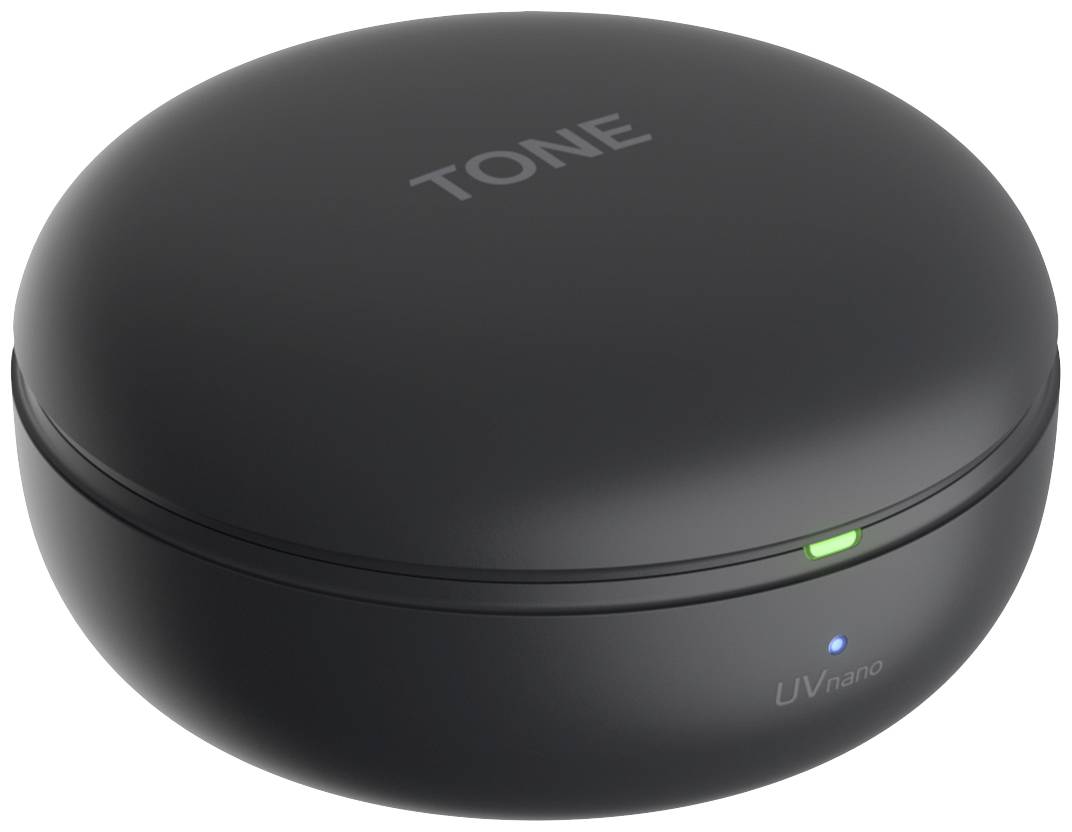A round, black charging case with 'TONE' printed on it, displaying a small green LED indicator and the 'UVnano' text on the front.