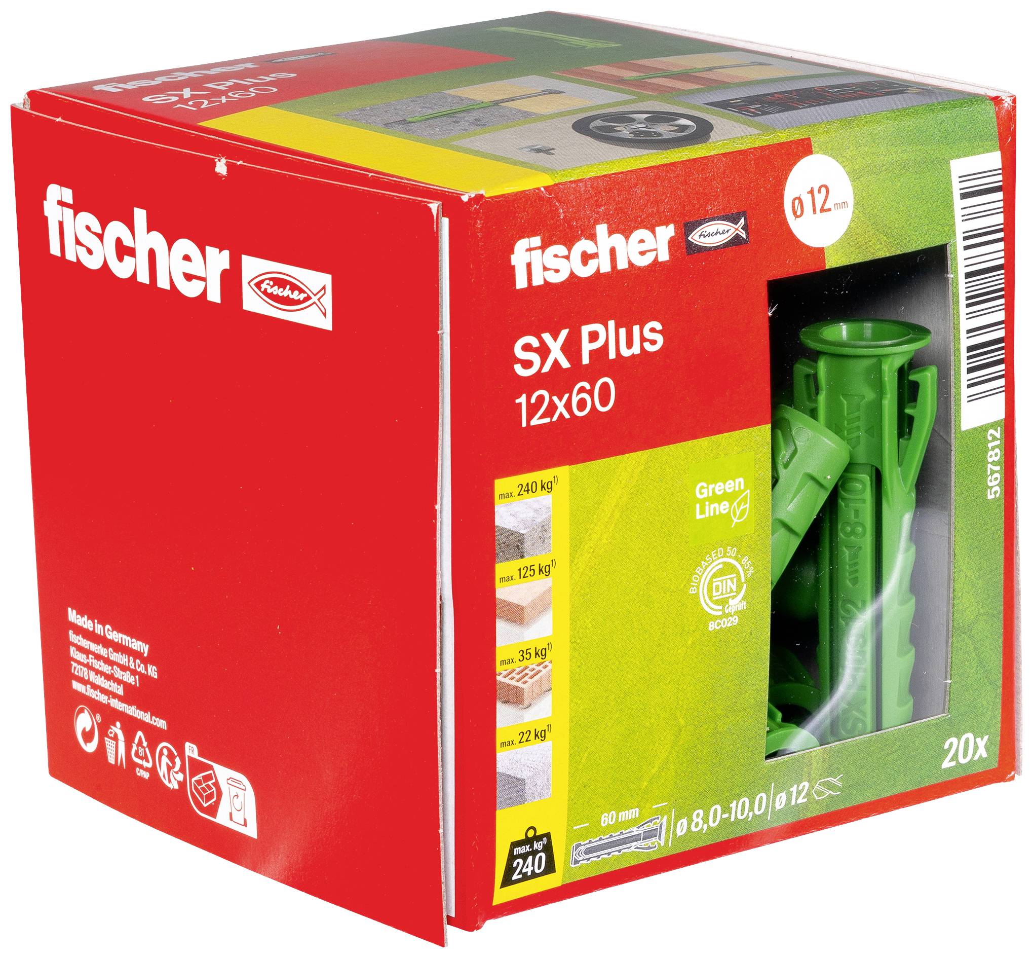 Packaging for a green Fischer SX Plus 12x60 wall plug box, 20 pieces. Contains information on durability and installation applications.