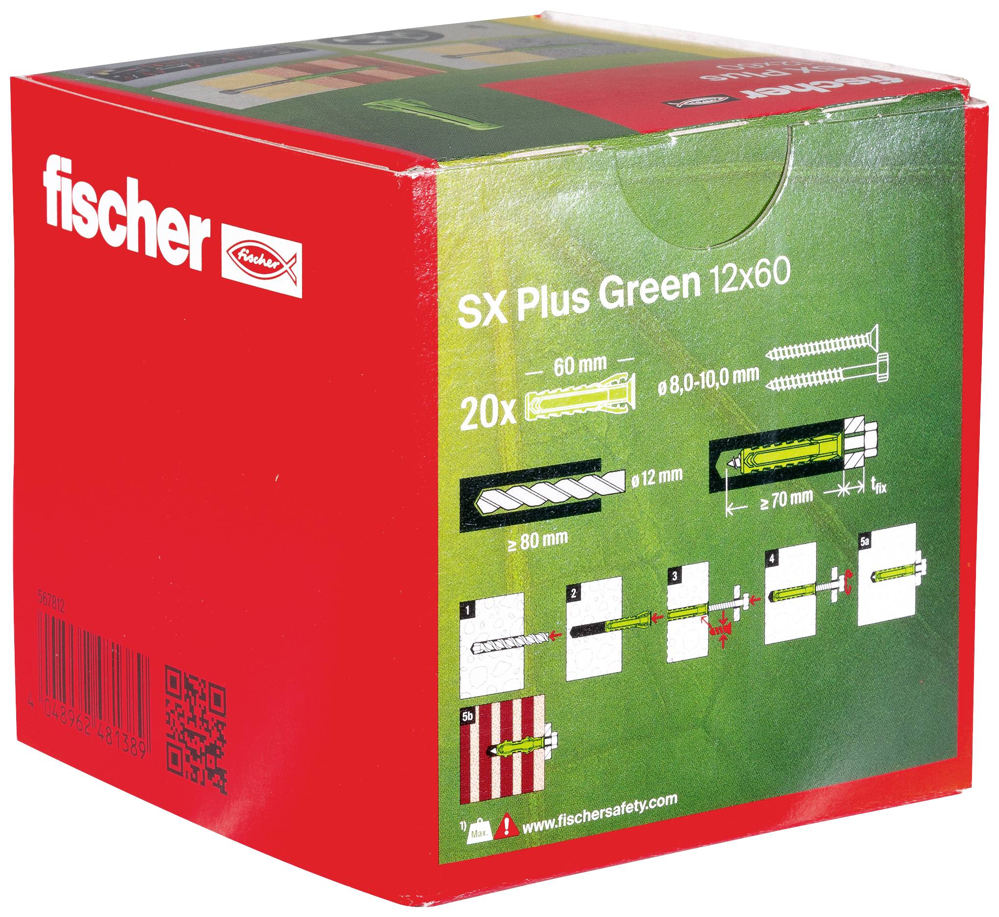 Packaging of the fischer SX Plus Green 12x60 Screws and Plugs. Shows details for installation and size specifications (60 mm, 8-10 mm).