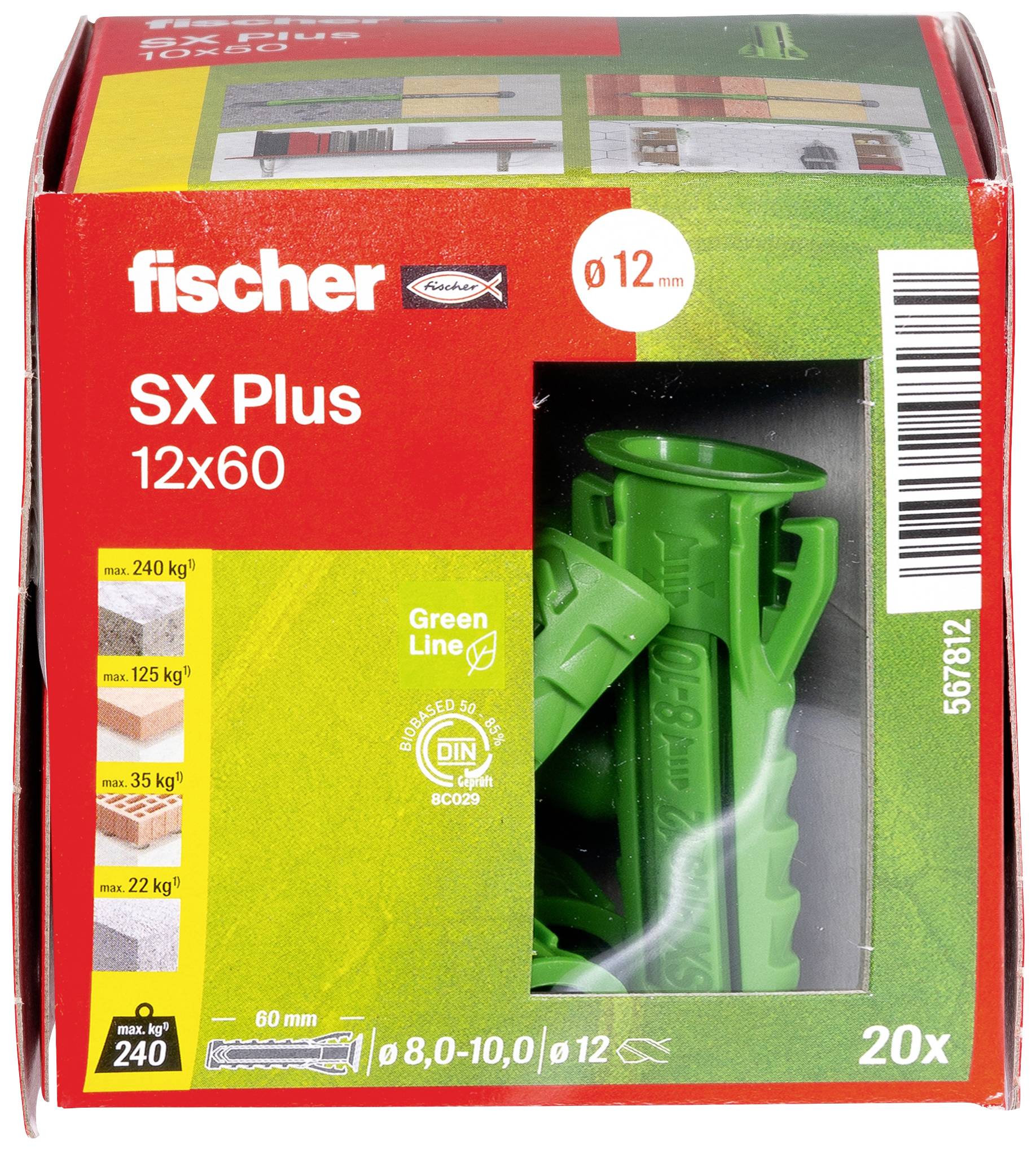 Packaging for Fischer SX Plus 12x60 Wall Plugs, Pack of 20. Displays application examples for various materials and their load-bearing capacity.