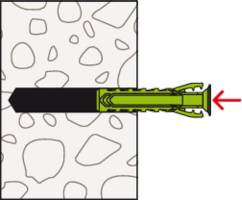 A green screw which is screwed into a wall filled with stones alongside a wall plug demonstrates the fixing method.