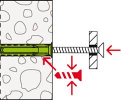Two walls connected by a wall plug and a screw, with arrows indicating the direction of the screw's movement.