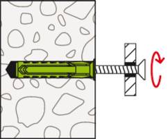 Illustration of a wall plug in a wall, secured by a screw. A red arrow indicates the rotation direction of the screw.