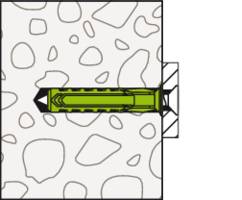 A green wall plug fastening shown in a patterned wall. Demonstrates the correct installation of screw anchors in hard surfaces.