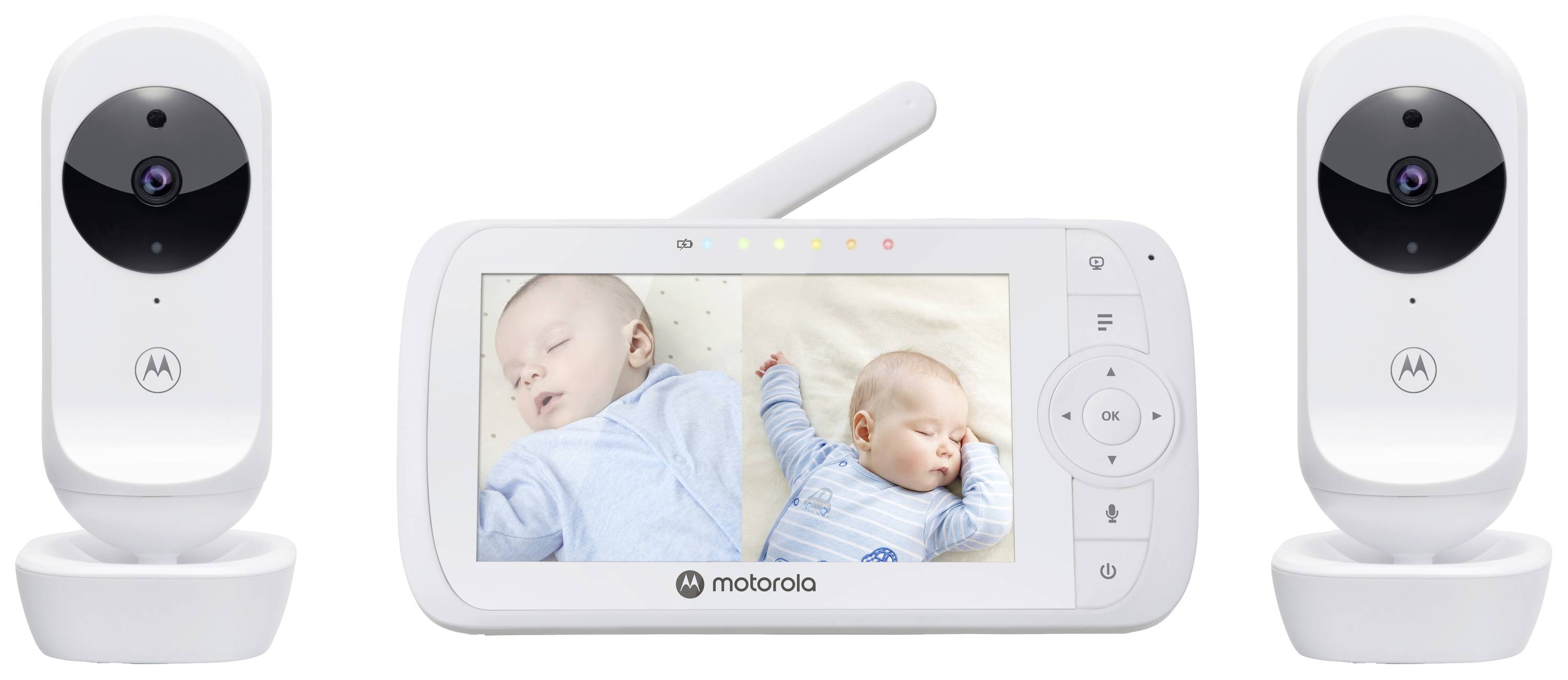 A baby monitor with a screen shows sleeping babies. Two cameras are positioned on the left and right. Device by 'Motorola'.